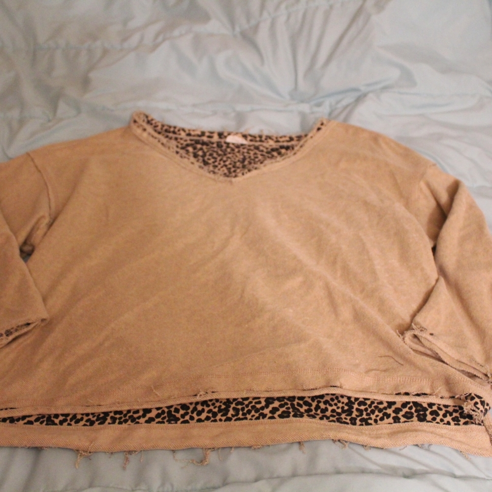 POL Reverse It Up Terry Top in Tan leopard trim